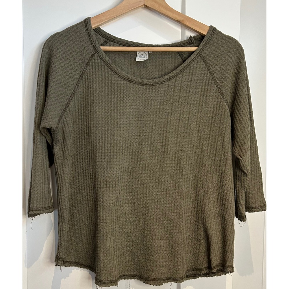 Paper Crane Womens Olive Green Waffle Knit Thermal Top Raglan 3/4 Sleeve Large